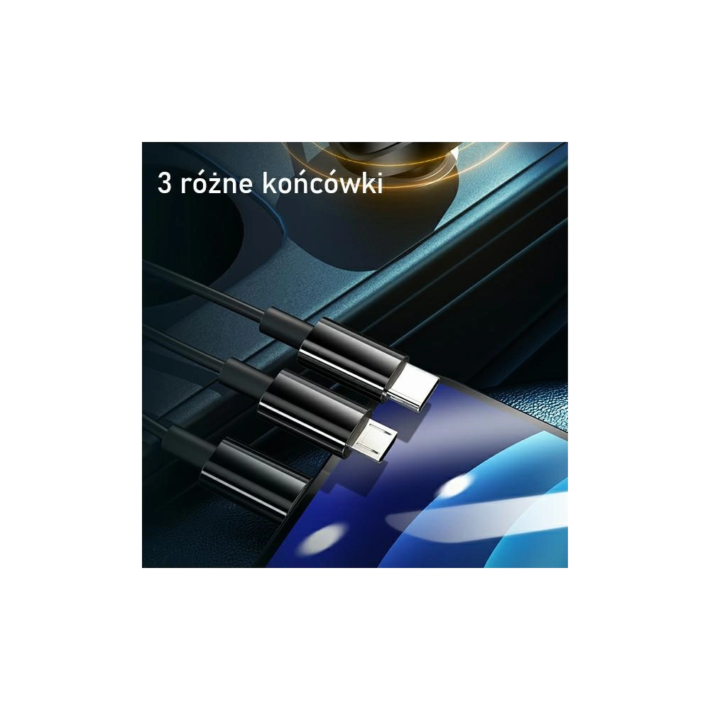 Ładowarka samochodowa USAMS C22 2xUSB+ kable 3w1 (lightning+microUSB+USB-C) czarny/black CC119TC01