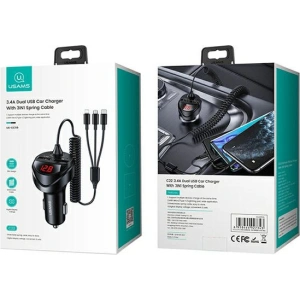 Ładowarka samochodowa USAMS C22 2xUSB+ kable 3w1 (lightning+microUSB+USB-C) czarny/black CC119TC01