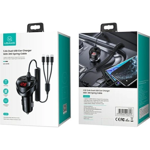 Kup Ładowarka samochodowa USAMS C22 2xUSB+ kable 3w1 (lightning+microUSB+USB-C) czarny/black CC119TC01 - USA503BLK - {ean13} - Sklep Home Screen