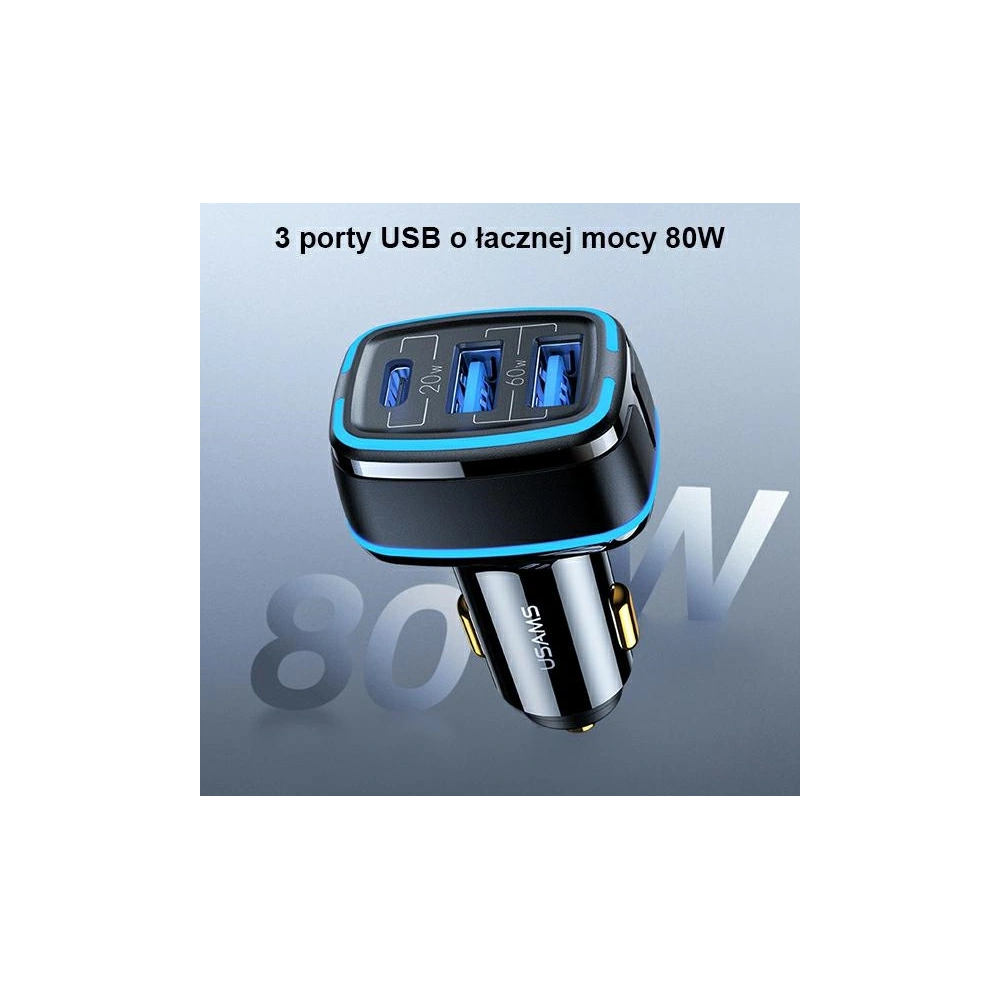Ładowarka samochodowa USAMS C24 2xUSB+1xUSB-C 80W Fast Charge czarny/black CC126TC01