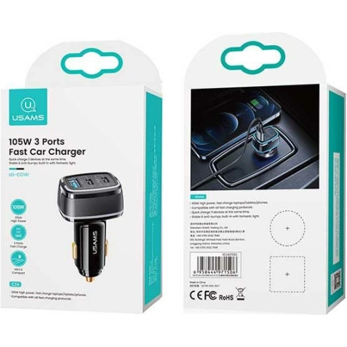 Kup Auto nabíječka USAMS C24 2xUSB-C+1xUSB 105W Fast Charge černá/black CC141TC01 - USA507BLK - {ean13} - Sklep Home Screen