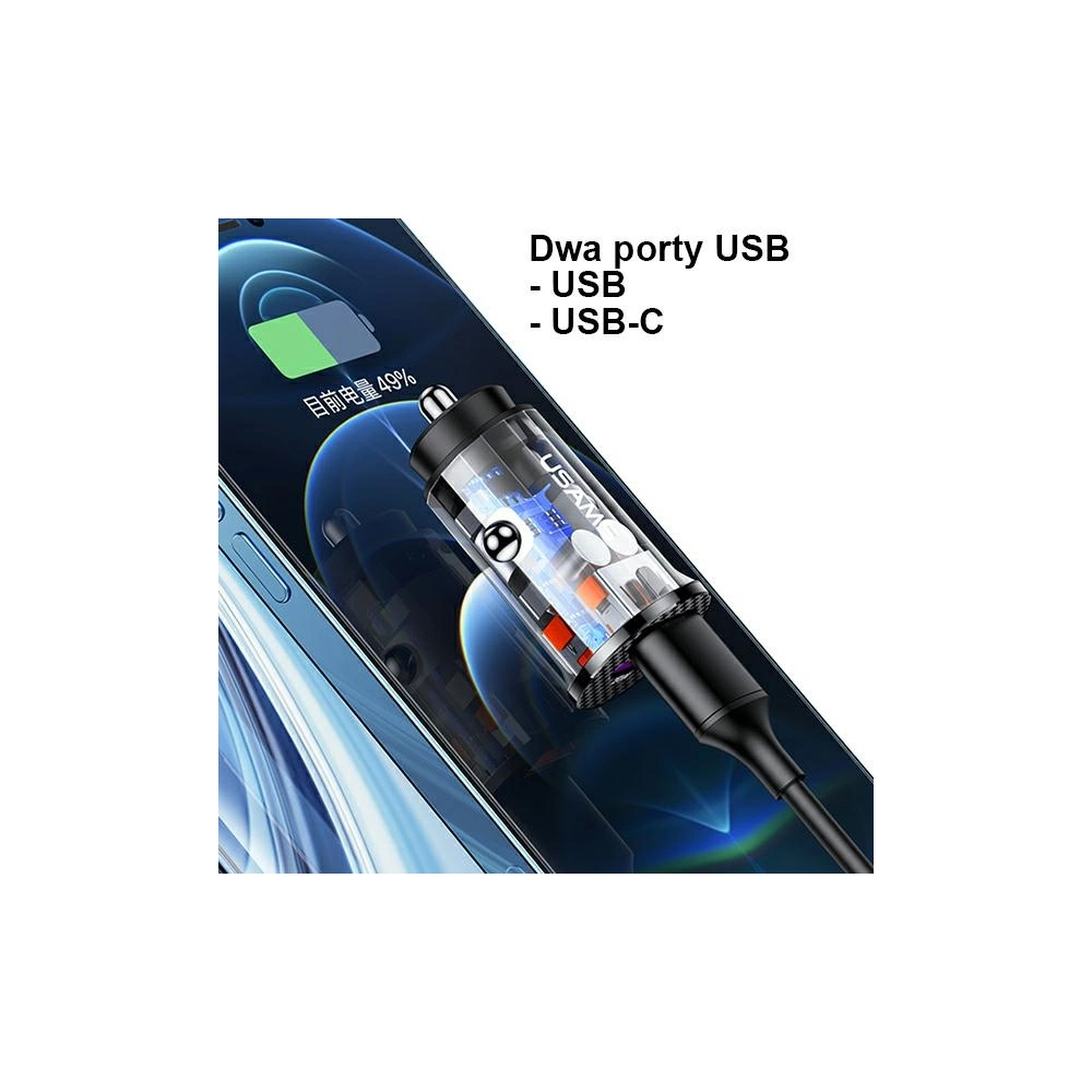 Ładowarka samochodowa USAMS C25 USB+USB-C 42.5W Fast Charge transparent czarny/black CC127CC01
