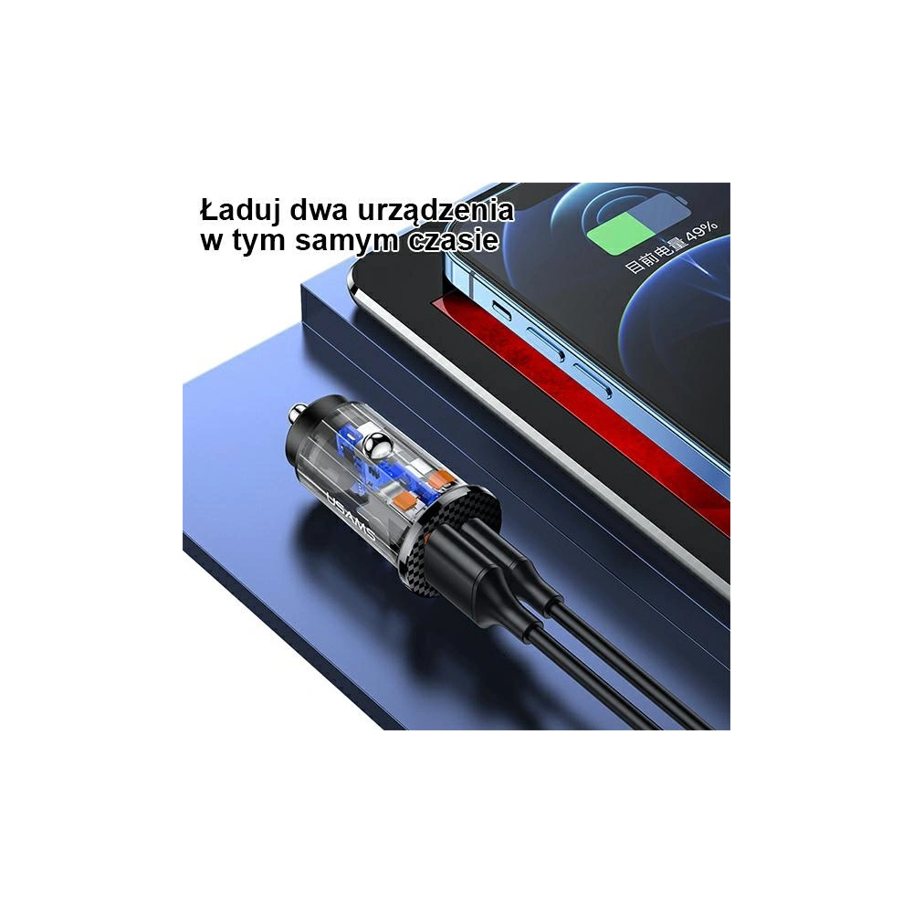 Ładowarka samochodowa USAMS C25 USB+USB-C 42.5W Fast Charge transparent czarny/black CC127CC01