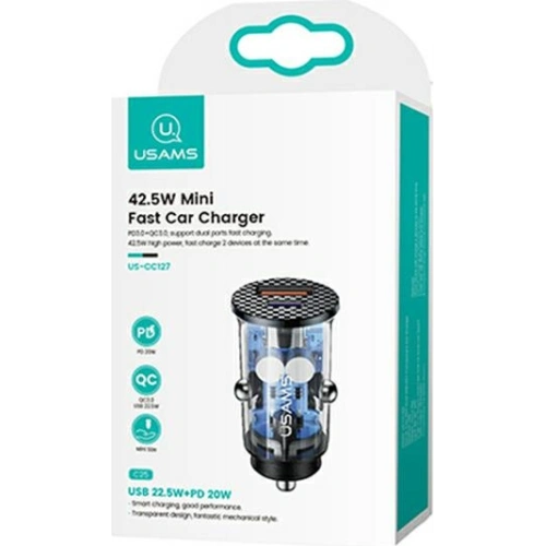 Kup Auto nabíječka USAMS C25 USB+USB-C 42.5W Rychlé nabíjení transparentní černá/black CC127CC01 - USA513BLK - {ean13} - Sklep Home Screen