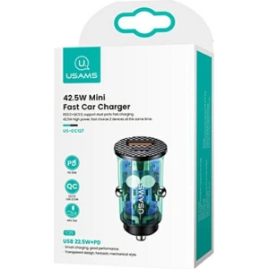Kup Ładowarka samochodowa USAMS C25 USB+USB-C 42.5W Fast Charge transparent niebieski/blue CC127CC02 - USA514BLU - {ean13} - Sklep Home Screen