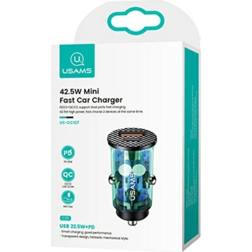 Kup Încărcător auto USAMS C25 USB+USB-C 42.5W Încărcare rapidă transparent albastru/blue CC127CC02 - USA514BLU - {ean13} - Sklep Home Screen