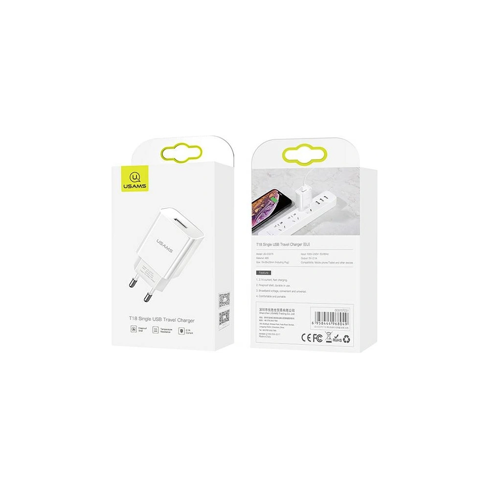 Ładowarka sieciowa USAMS T18 1xUSB 2,1A biały/white Fast Charging CC075TC01