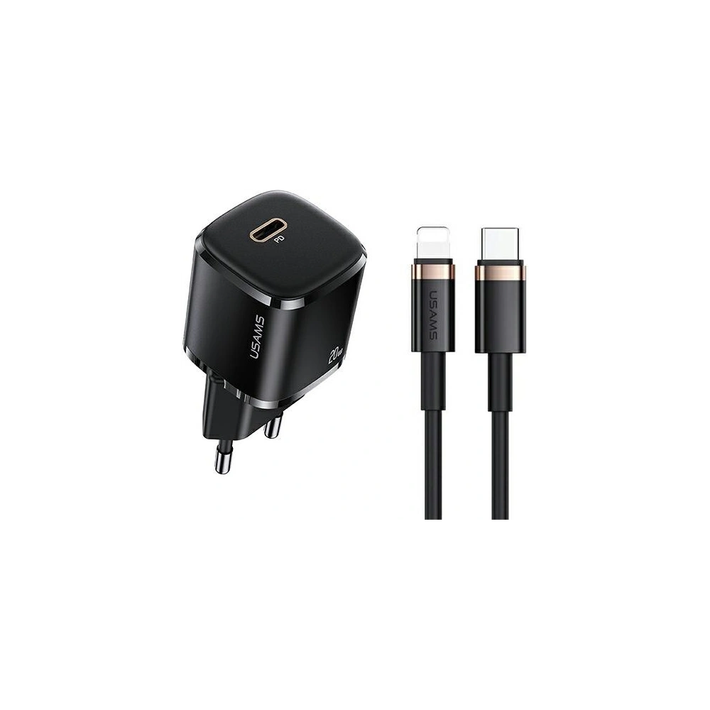Ładowarka sieciowa USAMS T36 mini 1xUSB-C 20W + kabel USB-C-Lightning czarny/black PD3.0 Fast Charging XFKXLOGTL01