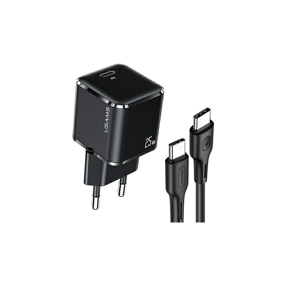 Ładowarka sieciowa USAMS T42 mini 1xUSB-C 25W Super SI PD3.0 Fast Charging +kabel U43 USB-C/USB-C czarny/black YJXLOGTC01