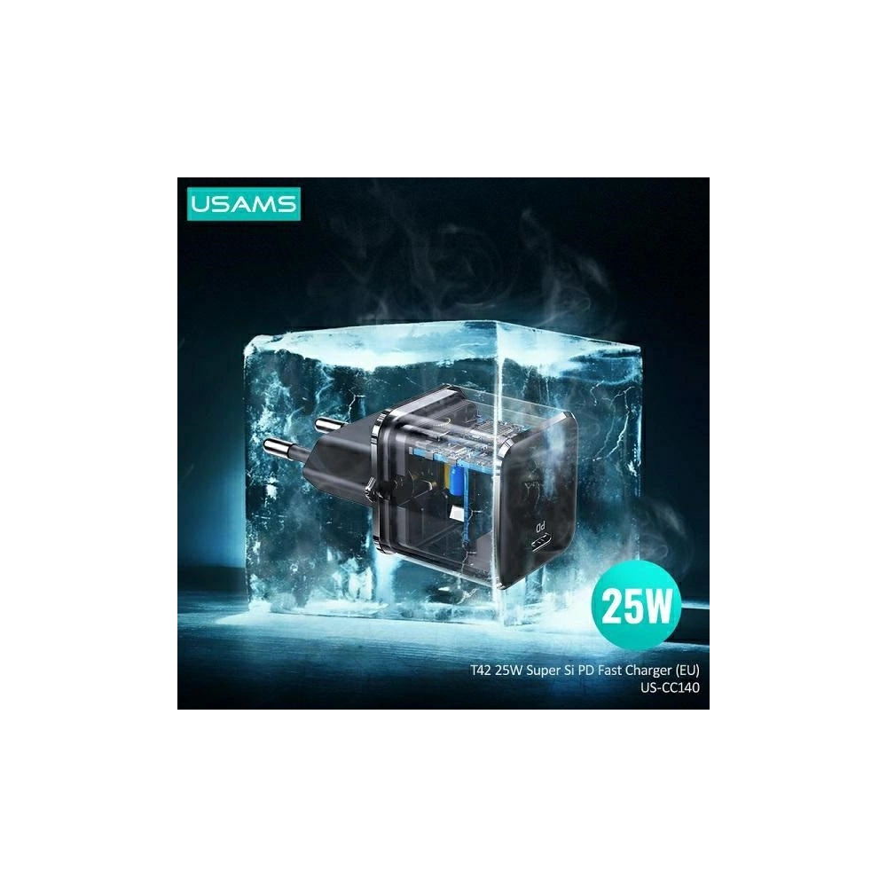 Ładowarka sieciowa USAMS T42 mini 1xUSB-C 25W Super SI PD3.0 Fast Charging +kabel U43 USB-C/USB-C czarny/black YJXLOGTC01