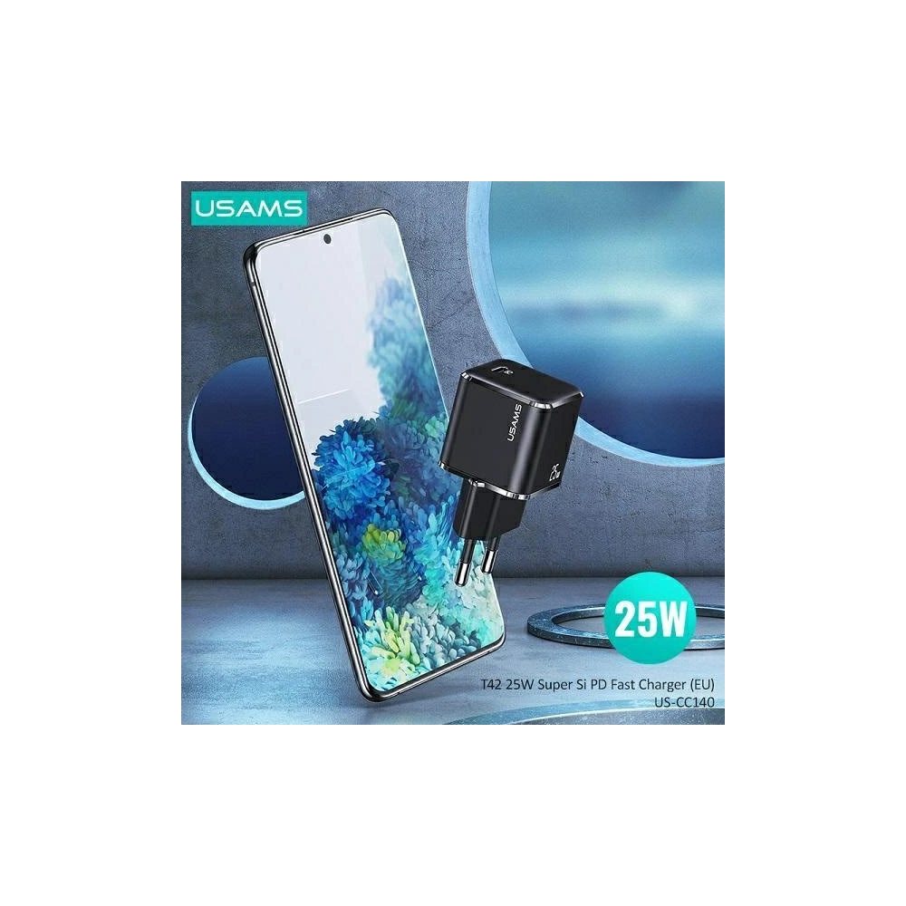 Ładowarka sieciowa USAMS T42 mini 1xUSB-C 25W Super SI PD3.0 Fast Charging +kabel U43 USB-C/USB-C czarny/black YJXLOGTC01