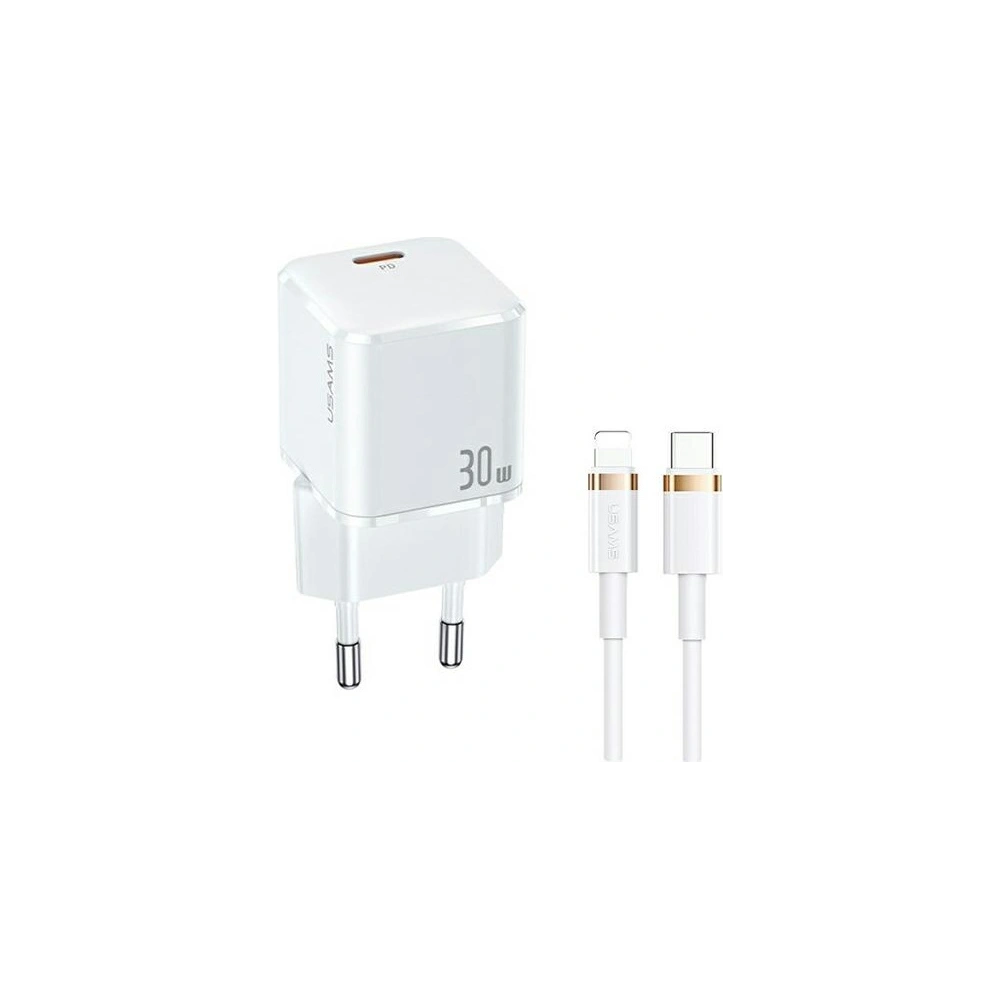 Ładowarka sieciowa USAMS T45 1xUSB-C 30W PD3.0 +QC3.0 Fast Charging +kabel U63 USB-C/Lightning biały/white UXTZH02