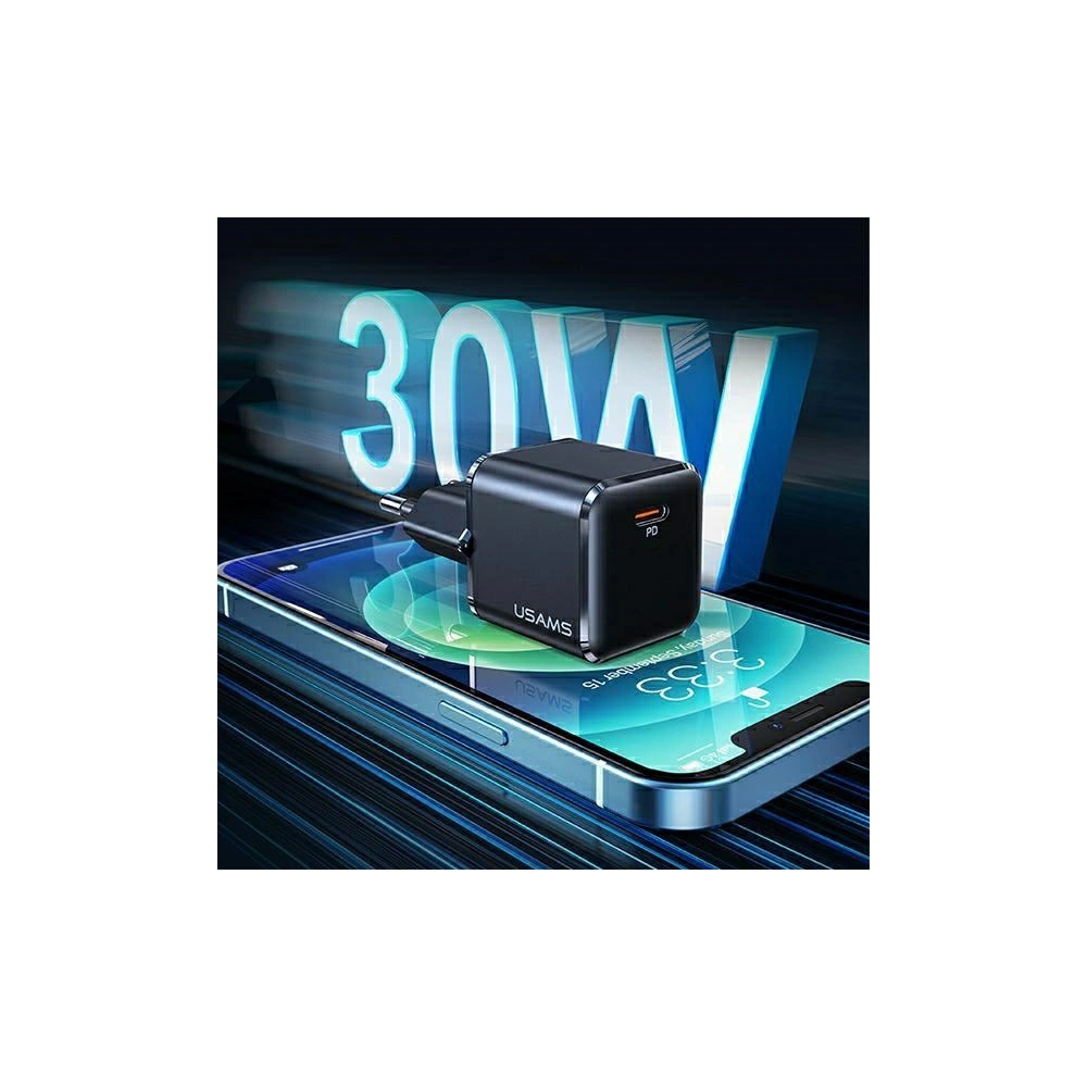 Ładowarka sieciowa USAMS T45 1xUSB-C 30W PD3.0 +QC3.0 Fast Charging +kabel U63 USB-C/Lightning biały/white UXTZH02