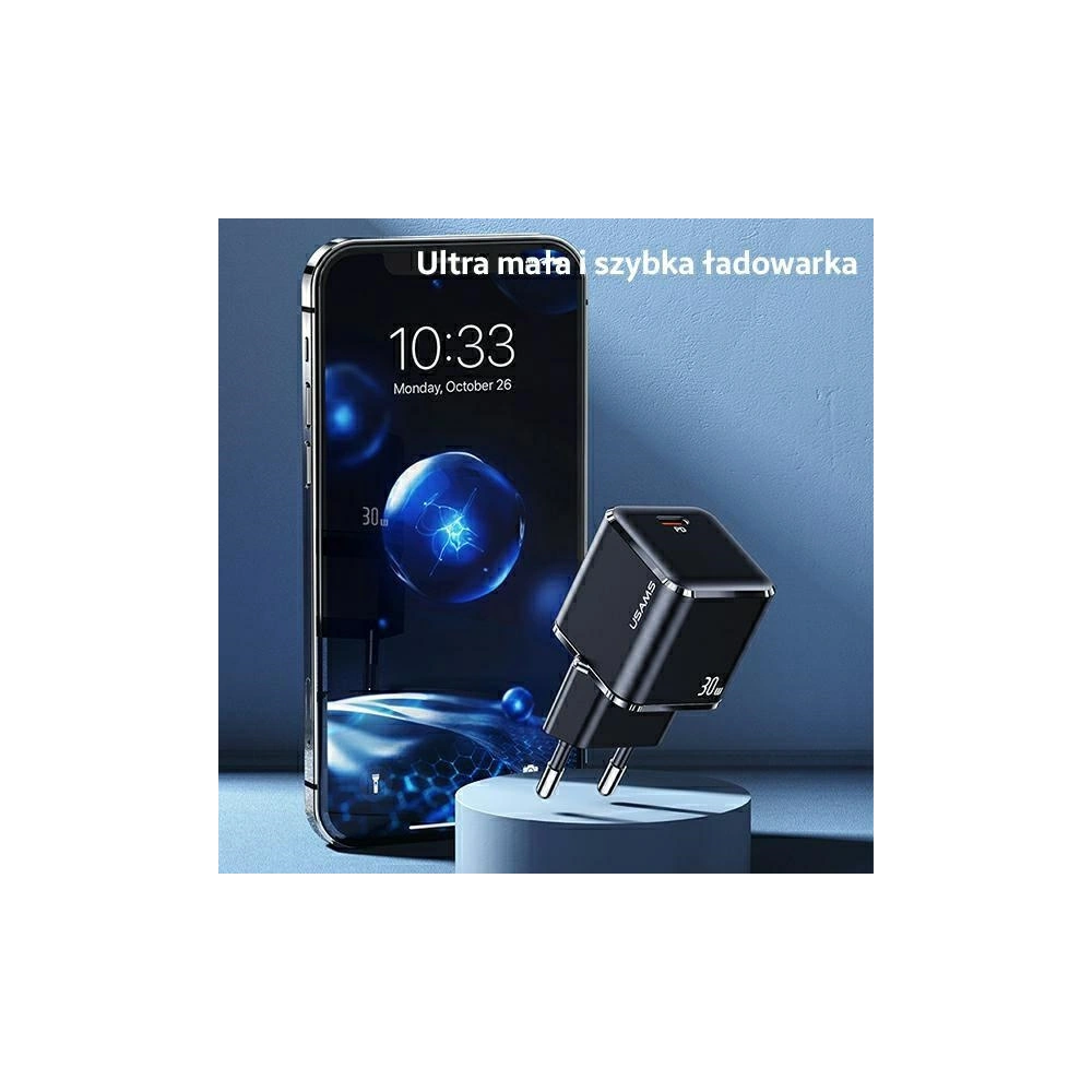 Ładowarka sieciowa USAMS T45 1xUSB-C 30W PD3.0 +QC3.0 Fast Charging +kabel U63 USB-C/Lightning czarny/black UXTZH01