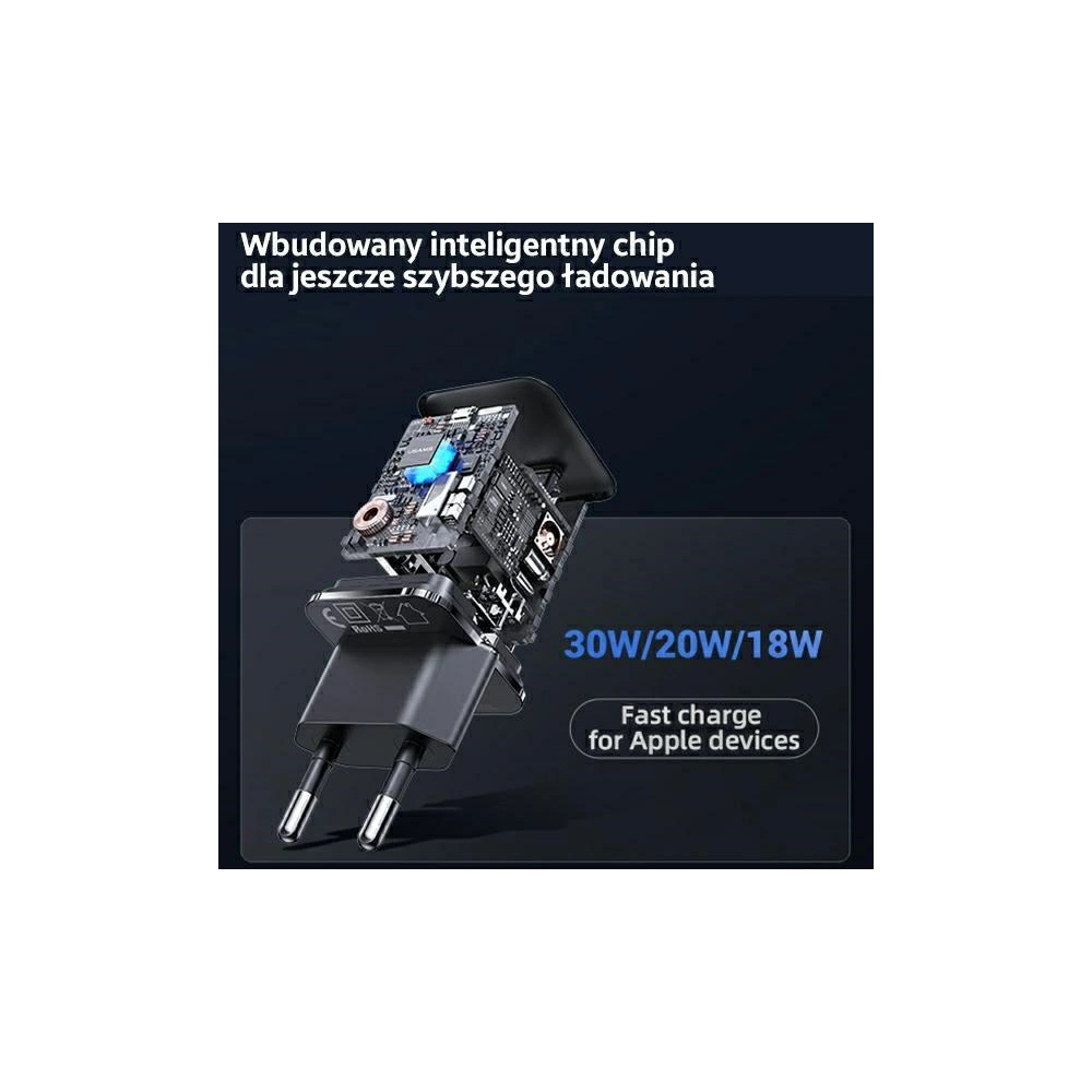 Ładowarka sieciowa USAMS T45 1xUSB-C 30W PD3.0 +QC3.0 Fast Charging +kabel U63 USB-C/Lightning czarny/black UXTZH01