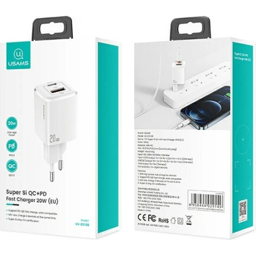 Kup Ładowarka sieciowa USAMS T37 1xUSB-C+1xUSB 20W Super SI PD3.0 +QC3.0 Fast Charging biały/white CC128TC02 - USA542WHT - {ean13} - Sklep Home Screen