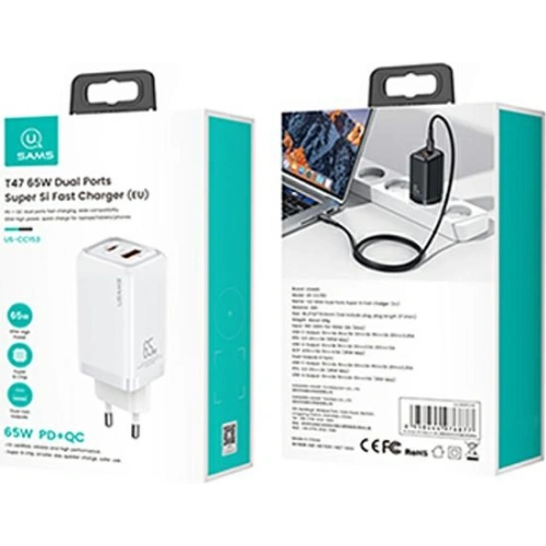 Kup Încărcătorul de rețea USAMS T47 1xUSB-C+1xUSB 65W PD Încărcare rapidă Super Si alb/white CC153TC02 - USA550WHT - {ean13} - Sklep Home Screen