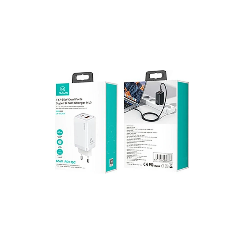 Ładowarka sieciowa USAMS T47 1xUSB-C+1xUSB 65W PD Fast Charging Super Si biały/white CC153TC02