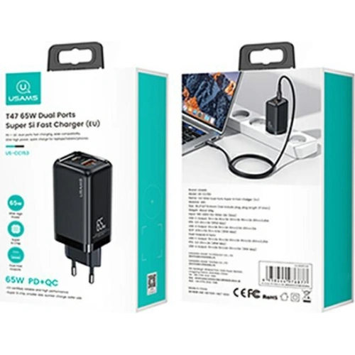 Kup Încărcătorul de rețea USAMS T47 1xUSB-C+1xUSB 65W PD Încărcare rapidă Super Si negru/black CC153TC01 - USA551BLK - {ean13} - Sklep Home Screen