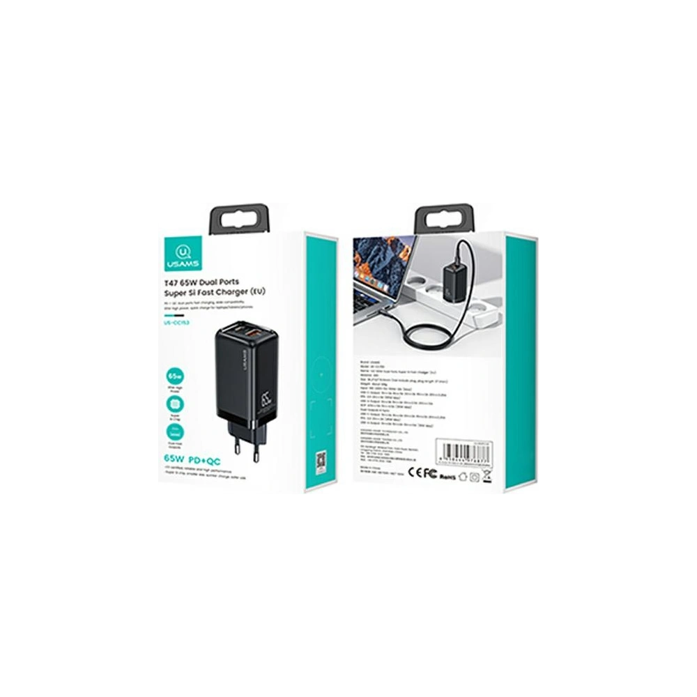 Ładowarka sieciowa USAMS T47 1xUSB-C+1xUSB 65W PD Fast Charging Super Si czarny/black CC153TC01