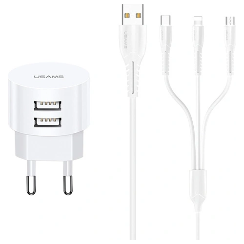 Kup Încărcător de rețea USAMS T20 2xUSB 2,1A 3in1 (lightning+microUSB+USB-C) alb/white rotund Încărcare rapidă XTXLOGT203101 - USA555WHT - {ean13} - Sklep Home Screen