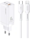 Încărcătorul de rețea USAMS MT T33 2xUSB-C+USB GaN 65W PD + cablu USB-C-Lightning 30W Fast Charging alb/white MTXLOGTL02