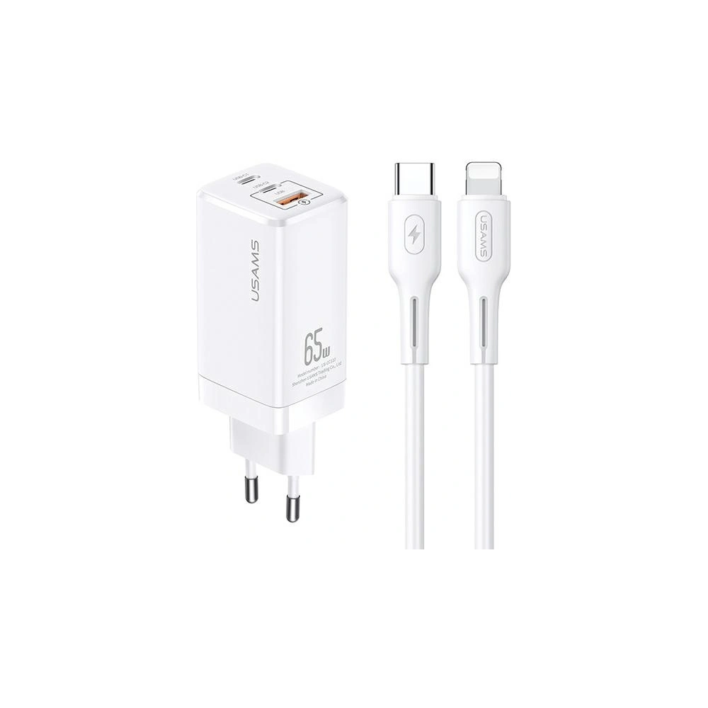 Ładowarka sieciowa USAMS MT T33 2xUSB-C+USB GaN 65W PD + kabel USB-C-Lightning 30W Fast Charging biały/white MTXLOGTL02