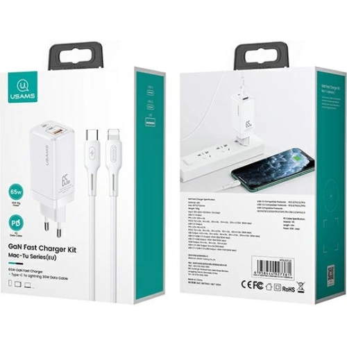 Kup Încărcătorul de rețea USAMS MT T33 2xUSB-C+USB GaN 65W PD + cablu USB-C-Lightning 30W Fast Charging alb/white MTXLOGTL02 - USA565WHT - {ean13} - Sklep Home Screen