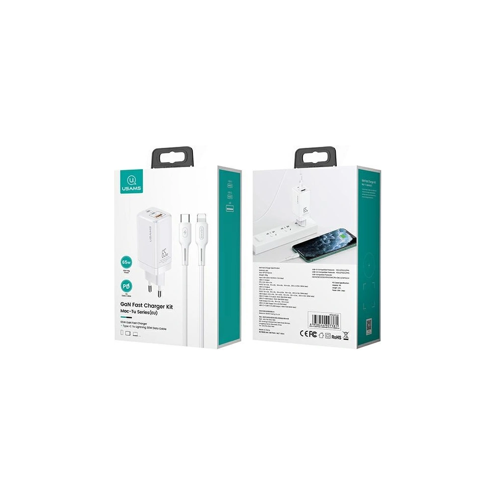 Ładowarka sieciowa USAMS MT T33 2xUSB-C+USB GaN 65W PD + kabel USB-C-Lightning 30W Fast Charging biały/white MTXLOGTL02