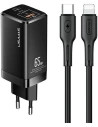 Încărcător de rețea USAMS MT T33 2xUSB-C+USB GaN 65W PD + cablu USB-C-Lightning 30W Încărcare Rapidă negru/black MTXLOGTL01