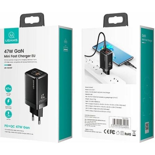 Kup Ładowarka sieciowa USAMS T41 USB-C+USB GaN 47W PD+QC Fast Charging biały/white CC137TC02 - USA569WHT - {ean13} - Sklep Home Screen