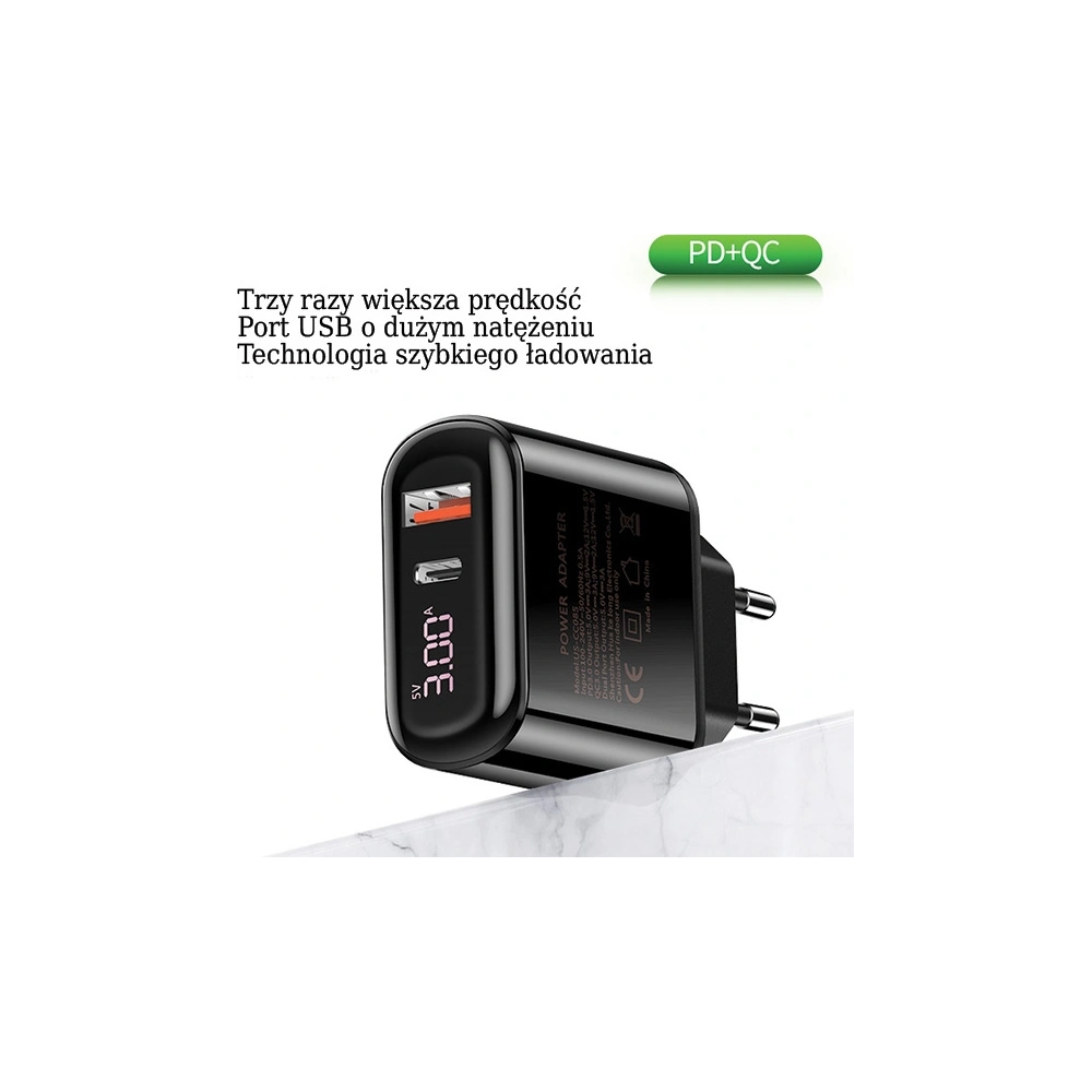 Ładowarka sieciowa USAMS T23 USB+USB-C 18W 3,2A QC3.0+PD3.0 Fast Charging czarny/black CC85TC01