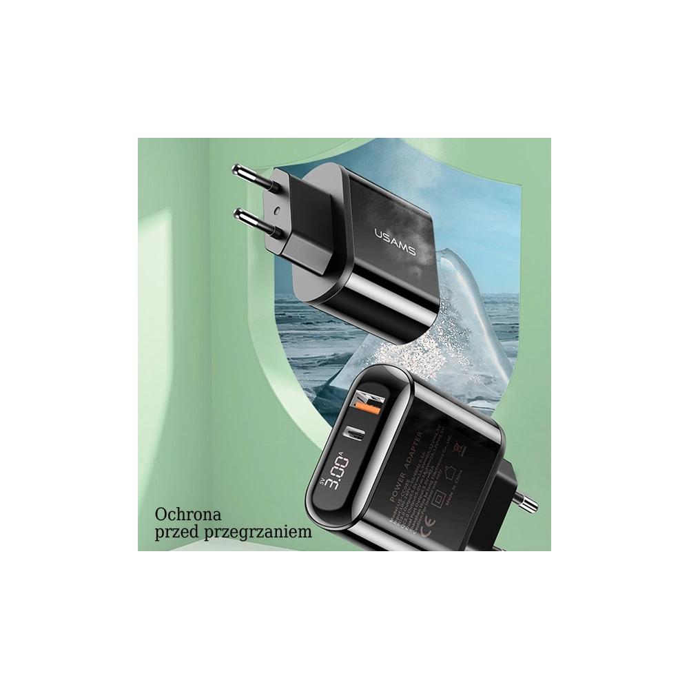 Ładowarka sieciowa USAMS T23 USB+USB-C 18W 3,2A QC3.0+PD3.0 Fast Charging czarny/black CC85TC01