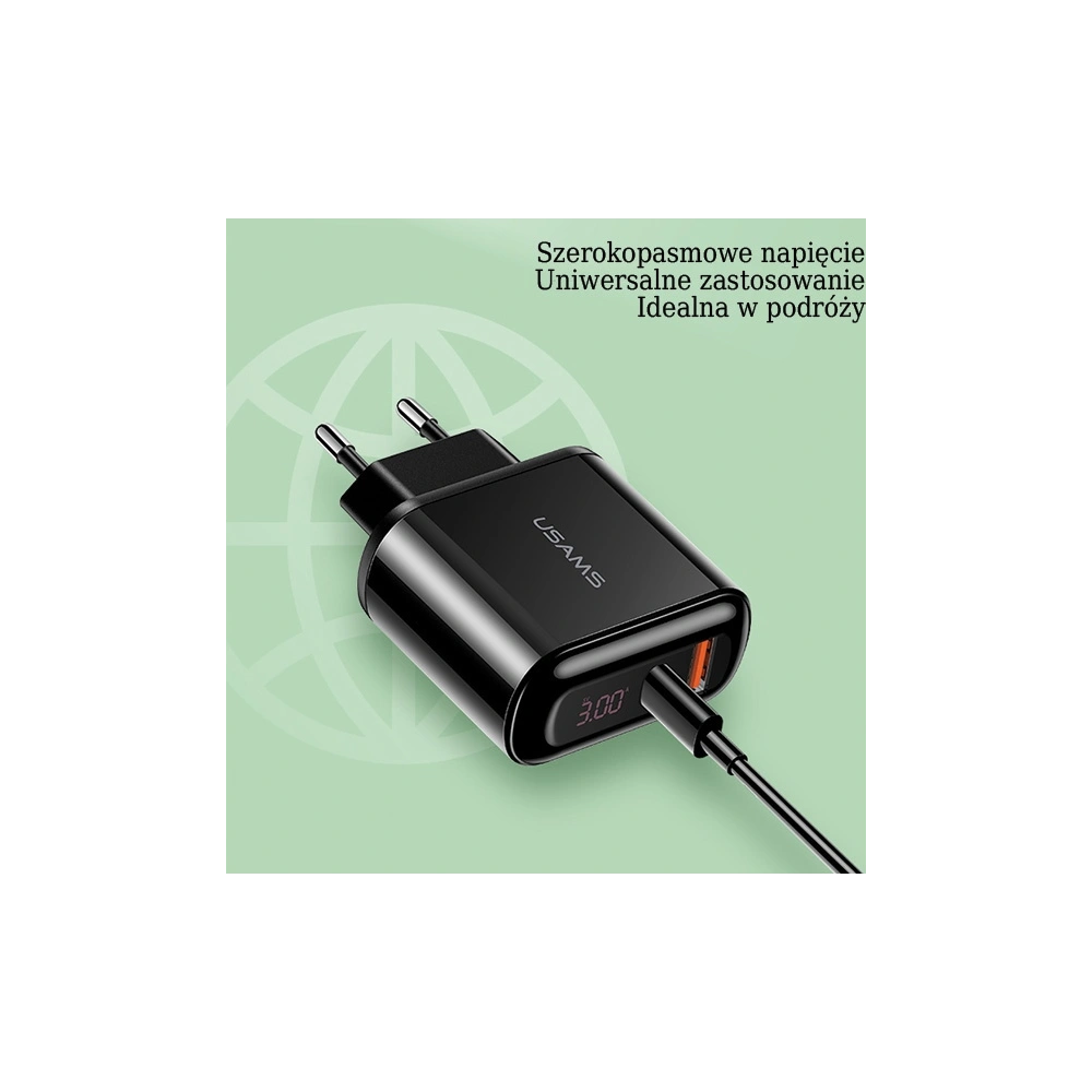 Ładowarka sieciowa USAMS T23 USB+USB-C 18W 3,2A QC3.0+PD3.0 Fast Charging czarny/black CC85TC01