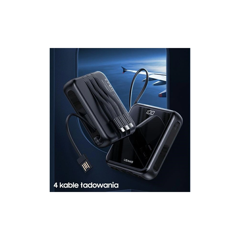 Powerbank USAMS PB61 10000mAh LED  + kabel USB-C/Lightning/MicroUSB czarny/black 10KCD16901