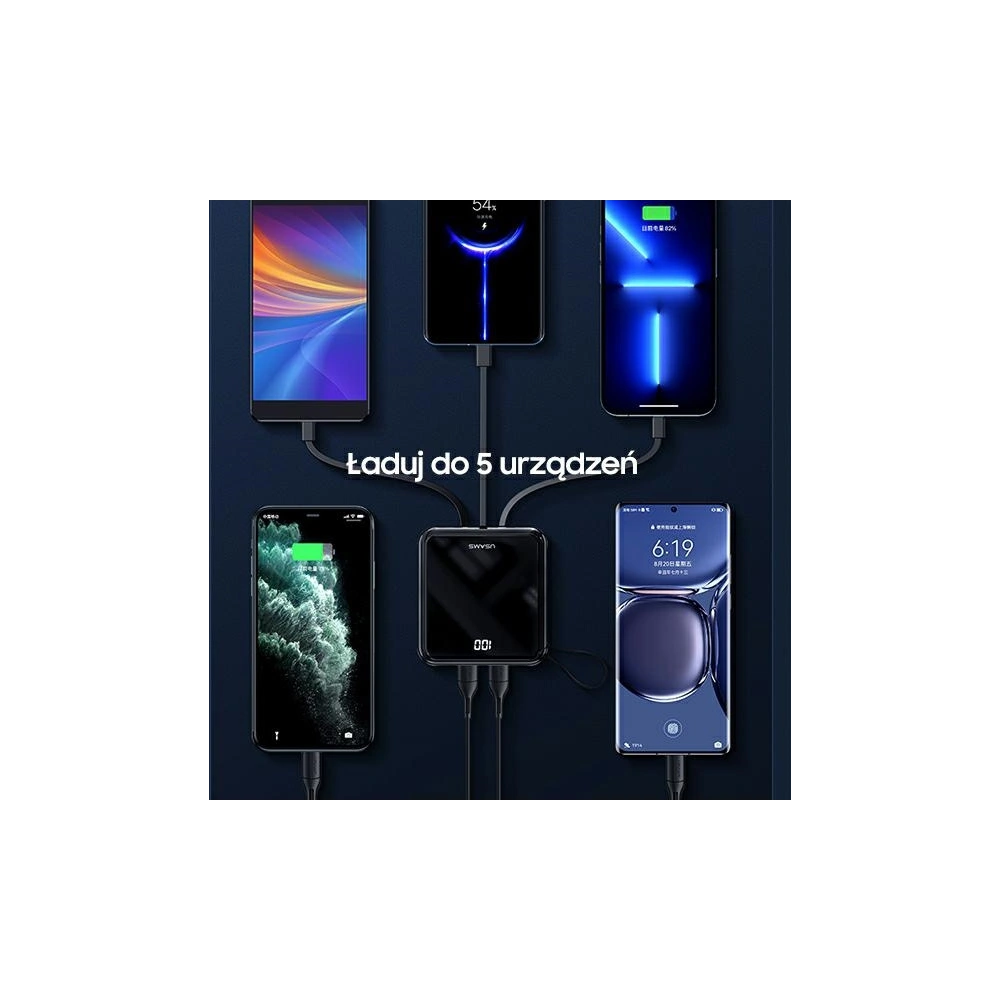 Powerbank USAMS PB61 10000mAh LED  + kabel USB-C/Lightning/MicroUSB czarny/black 10KCD16901