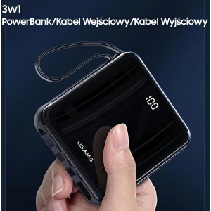 Powerbank USAMS PB61 10000mAh LED  + kabel USB-C/Lightning/MicroUSB czarny/black 10KCD16901