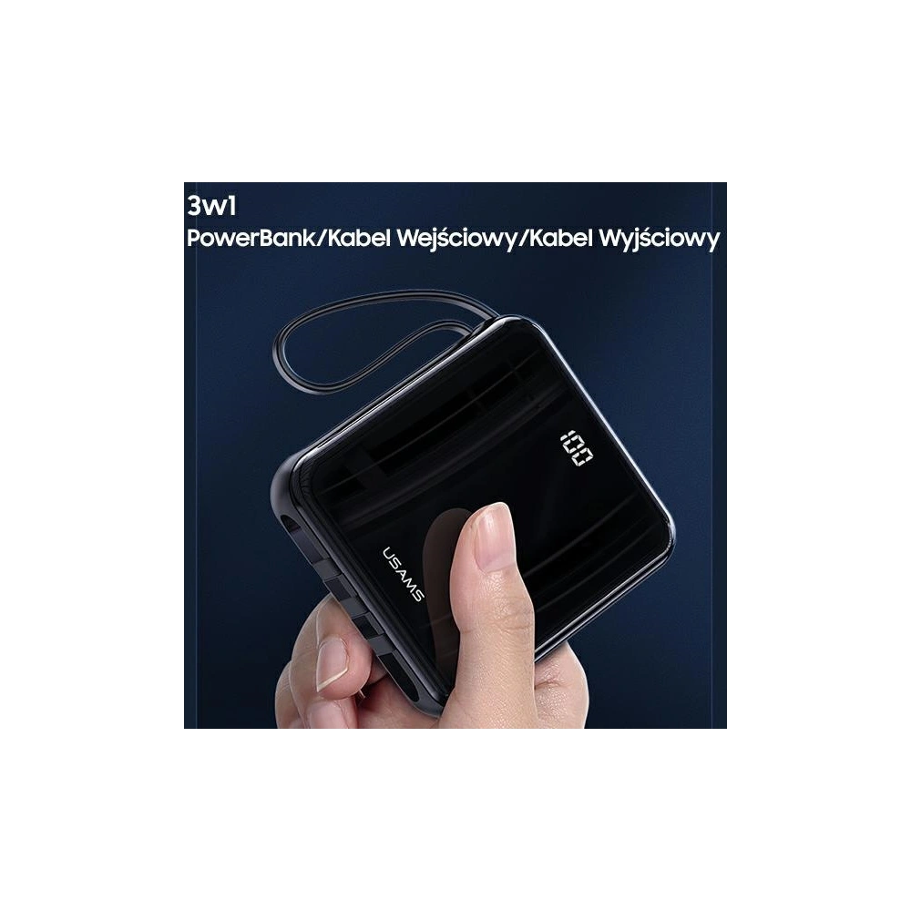Powerbank USAMS PB61 10000mAh LED  + kabel USB-C/Lightning/MicroUSB czarny/black 10KCD16901