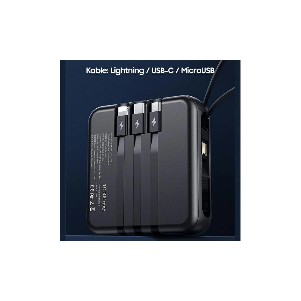 Powerbank USAMS PB61 10000mAh LED  + kabel USB-C/Lightning/MicroUSB czarny/black 10KCD16901