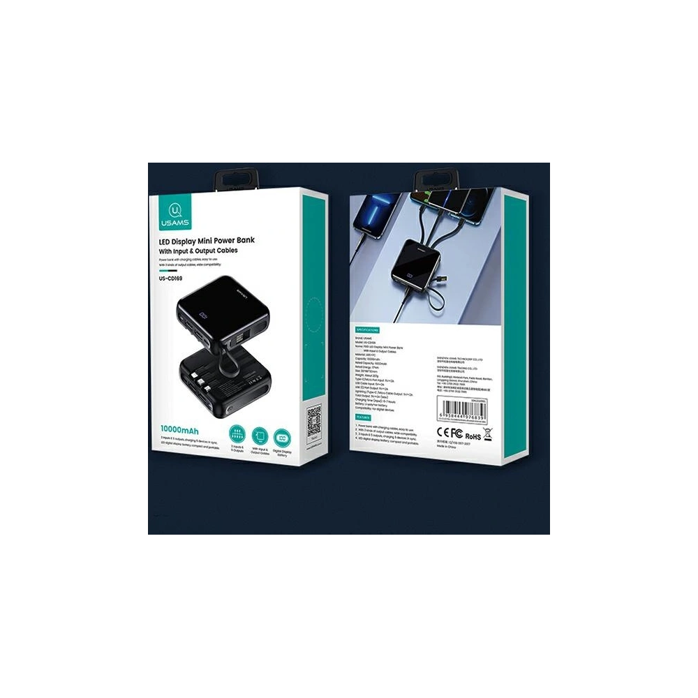 Powerbank USAMS PB61 10000mAh LED  + kabel USB-C/Lightning/MicroUSB czarny/black 10KCD16901