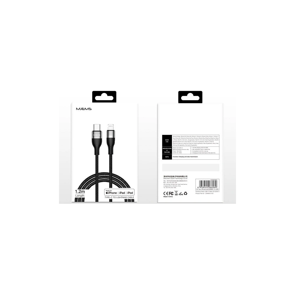 Kabel pleciony USAMS MJEMS M2 MFI USB-C -Lightning PD 60W Fast Charging 1.2 m czarny/black SJ330USB02