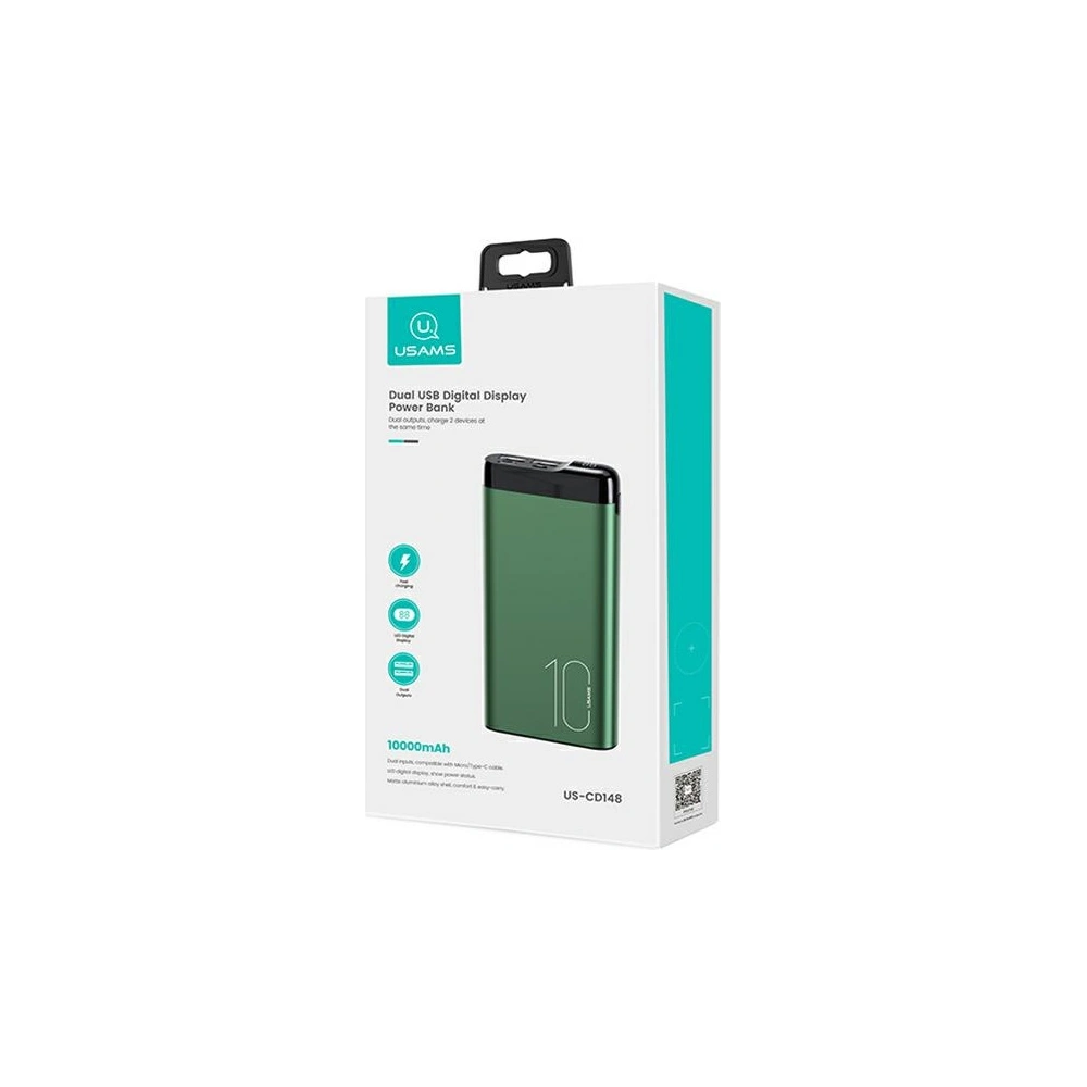 Powerbank USAMS PB55 10000mAh 2xUSB wyświetlacz LED zielony/green 10KCD14802 aluminium