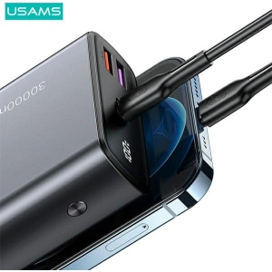 Powerbank USAMS PB59 30000mAh 65W 2xQC3.0+PD Fast Charge czarny/black CMXLOGTC01 + kabel USB-C-USB-C