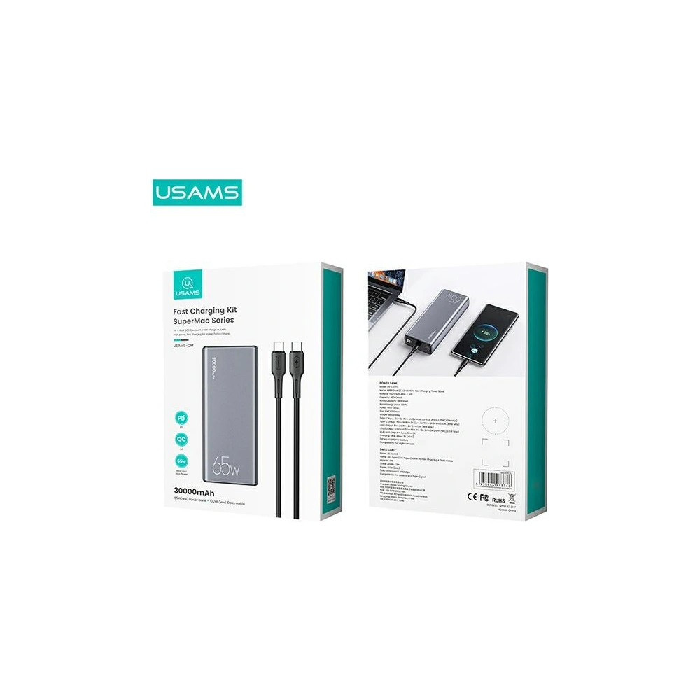 Powerbank USAMS PB59 30000mAh 65W 2xQC3.0+PD Fast Charge czarny/black CMXLOGTC01 + kabel USB-C-USB-C