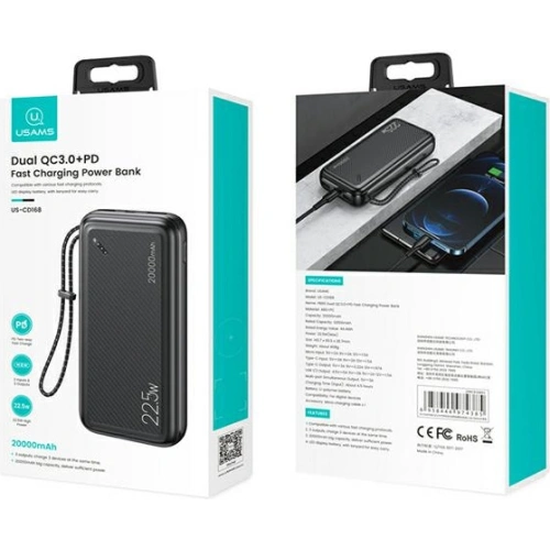 Kup USAMS PB60 20000mAh 22.5W 2xQC3.0+PD Gyors Töltő Powerbank fekete/black 20KCD16801 - USA623BLK - {ean13} - Sklep Home Screen