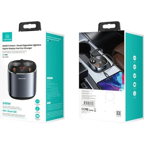 Kup Automobilový rozbočovač USAMS 2xUSB-A/ 1xUSB-C C28 245W šedý/grey CC151TC01 - USA633GRY - {ean13} - Sklep Home Screen