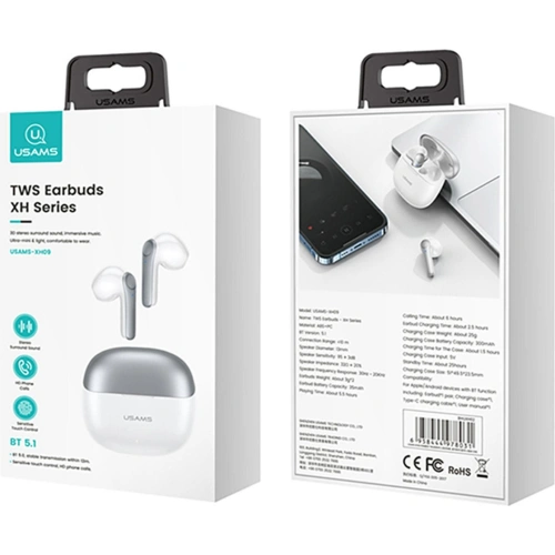 Buy USAMS Earphones Bluetooth 5.1 TWS XH Series Dual mic white BHUXH02 - USA688WHT - {ean13} - Home Screen Store Europe