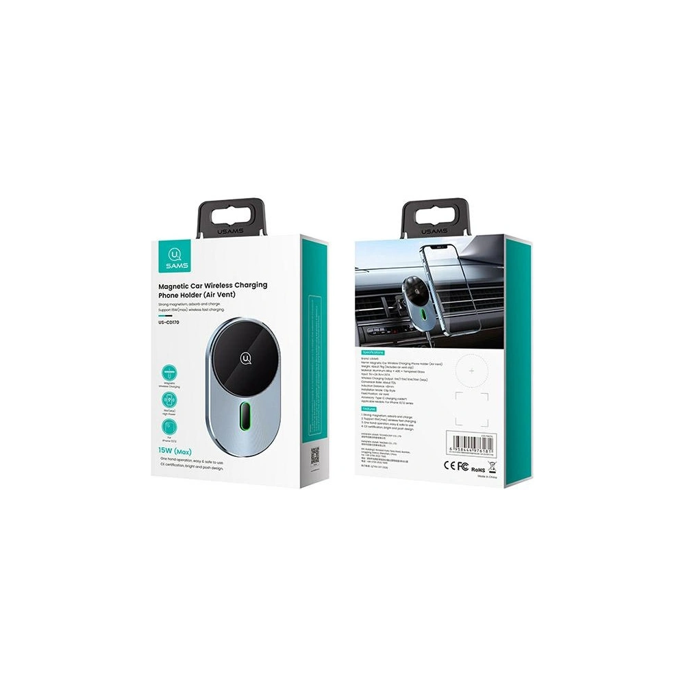 Uchwyt samochodowy z ładowaniem indukcyjnym USAMS Magnetic Car Wireless Charging 15W Air Vent szary/grey CD170DZ01