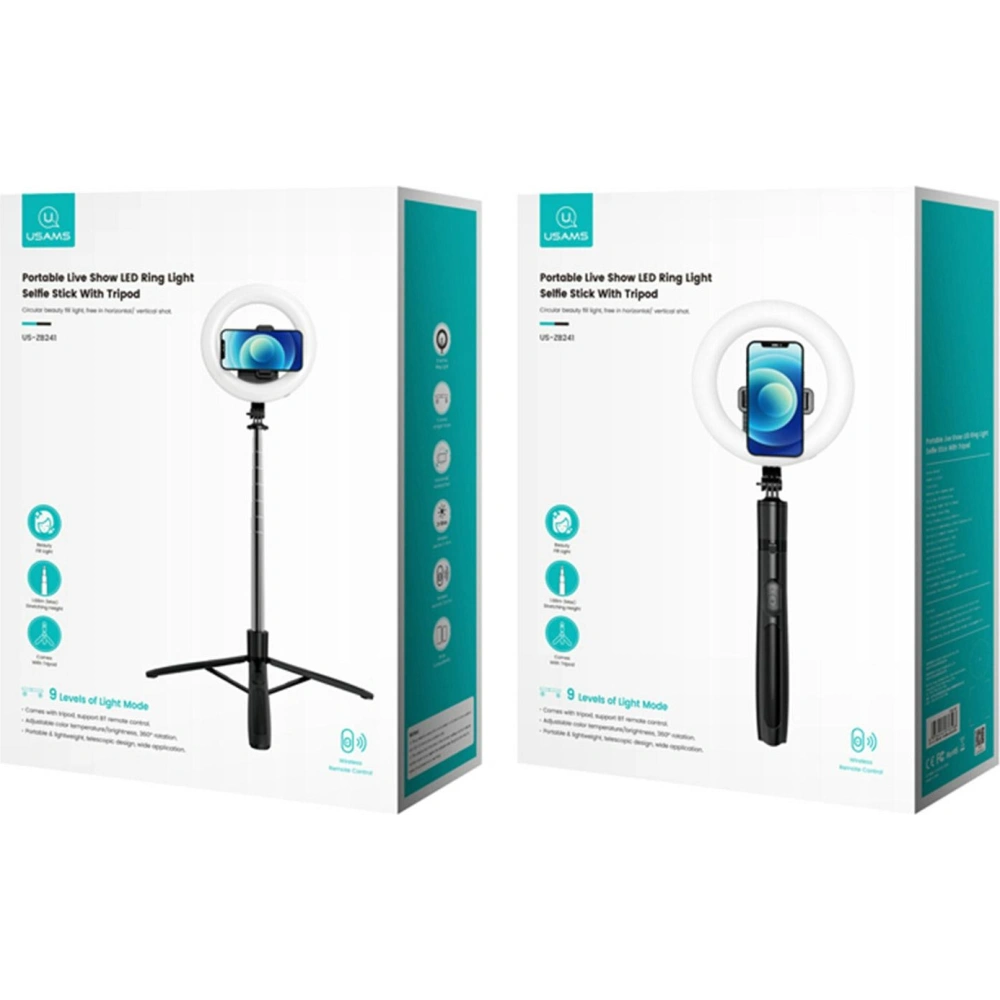 Statyw na telefon USAMS z lampą LED tripod czarny/black ZB241ZJ01