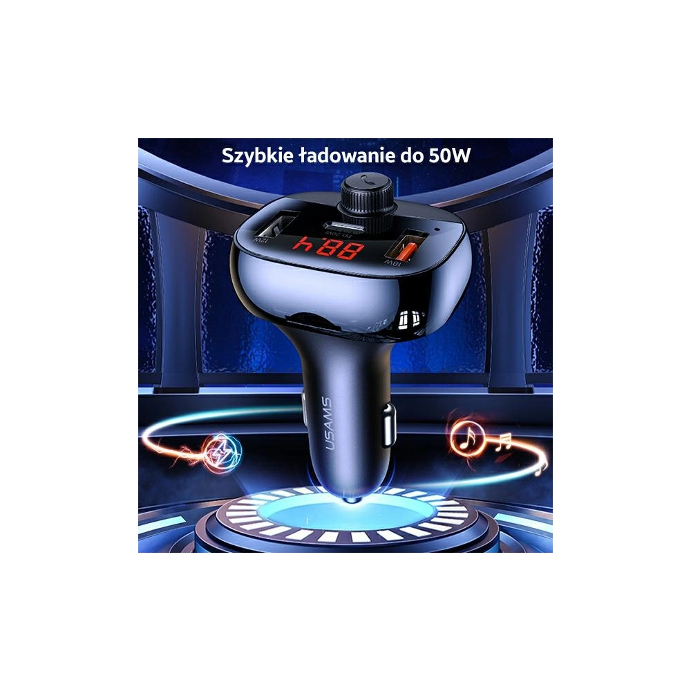 Transmiter FM USAMS C25 50W, zestaw głośnomówiący, Bluetooth, MP3, 2xUSB / USB-C czarny/black CC143TC01